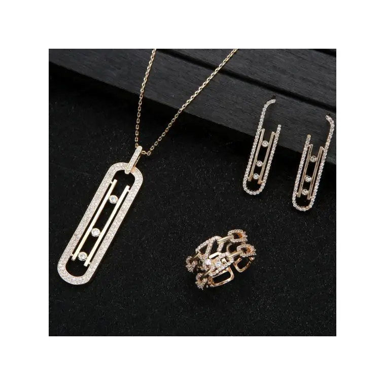 

Trendy Geometry Link Pendant Necklace Earring ring set Beautiful Zircon Charm Women Jewelry Sets