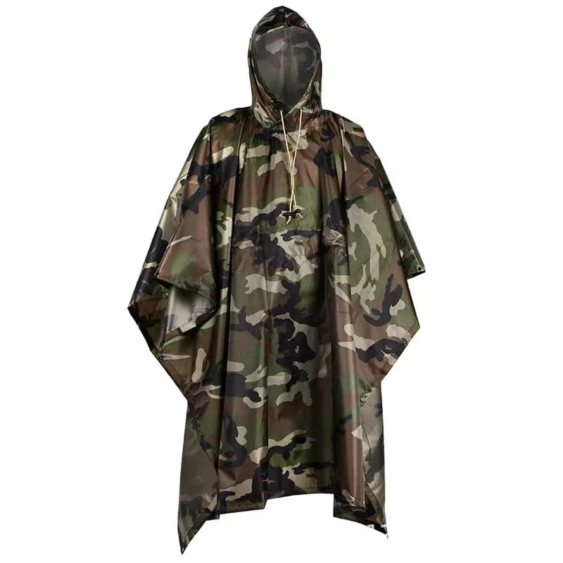 

Woodland camouflage raincoat army poncho; adults military camouflage poncho; multi-functional army poncho shelter