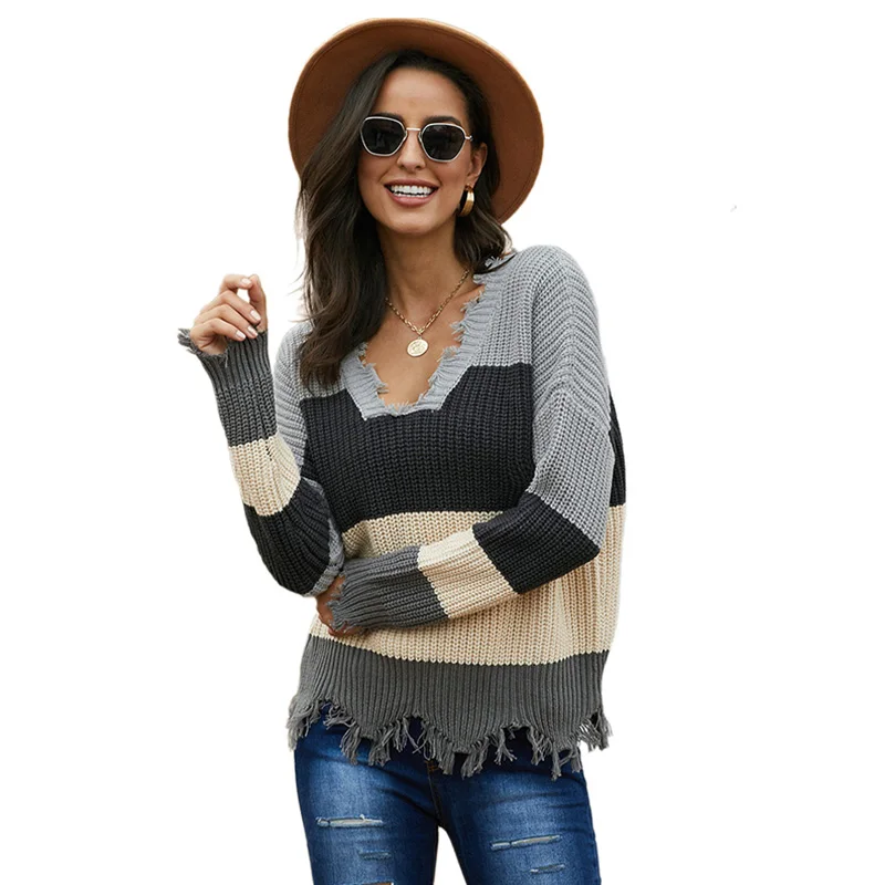 

Wholesale Women Sweaters Irregular Cuff V-Neck Full Sleeve Colorblock Distressed Sweater, Customized color sweater women