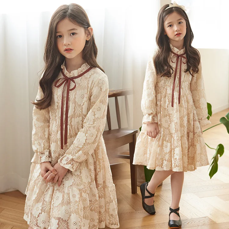 

Elegant Flower Girls Winter Dress Wedding Party Princess Dress Casual Kids Clothes Lace Long Sleeves Dress Children Drop Ship, As the pic