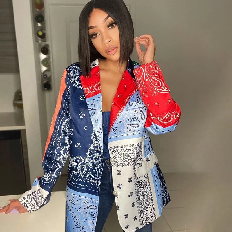 

T0019 2020 European and American British style mid long Paisley Print Two Button V-neck suit coat for women