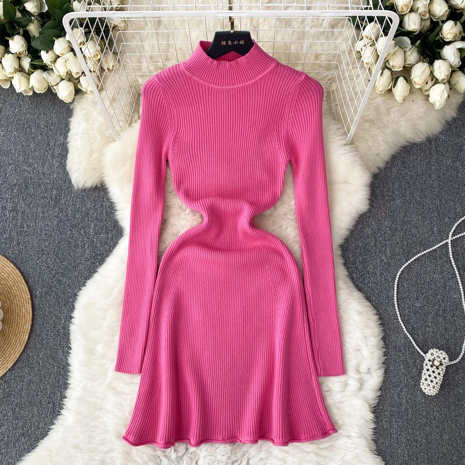 

Women's Autumn/Winter Semi-High-Neck Tight Dress Solid Color Knit Dress