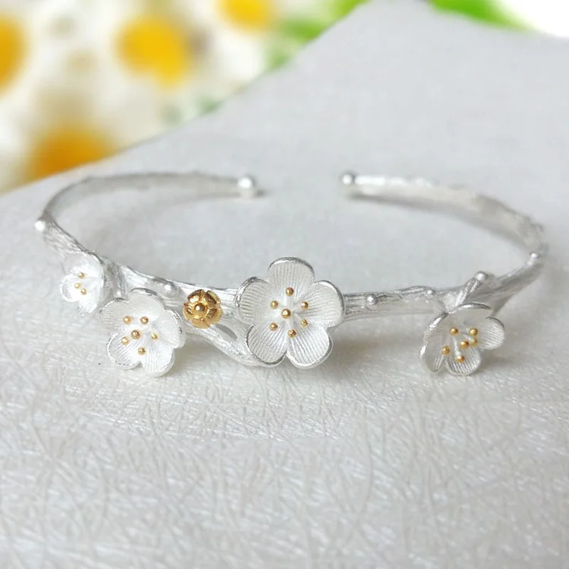 Creative Flower Cuff Bracelet Bangle Women Ladies Sweet Bracelets Girls Silver Plated Bangles