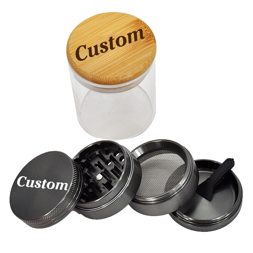 

Custom LOGO Aluminum Alloy Gun Black Premium Color Weed Herb Grinding Storing Moisturizing Smoking Set Glass Storage Tank Jar