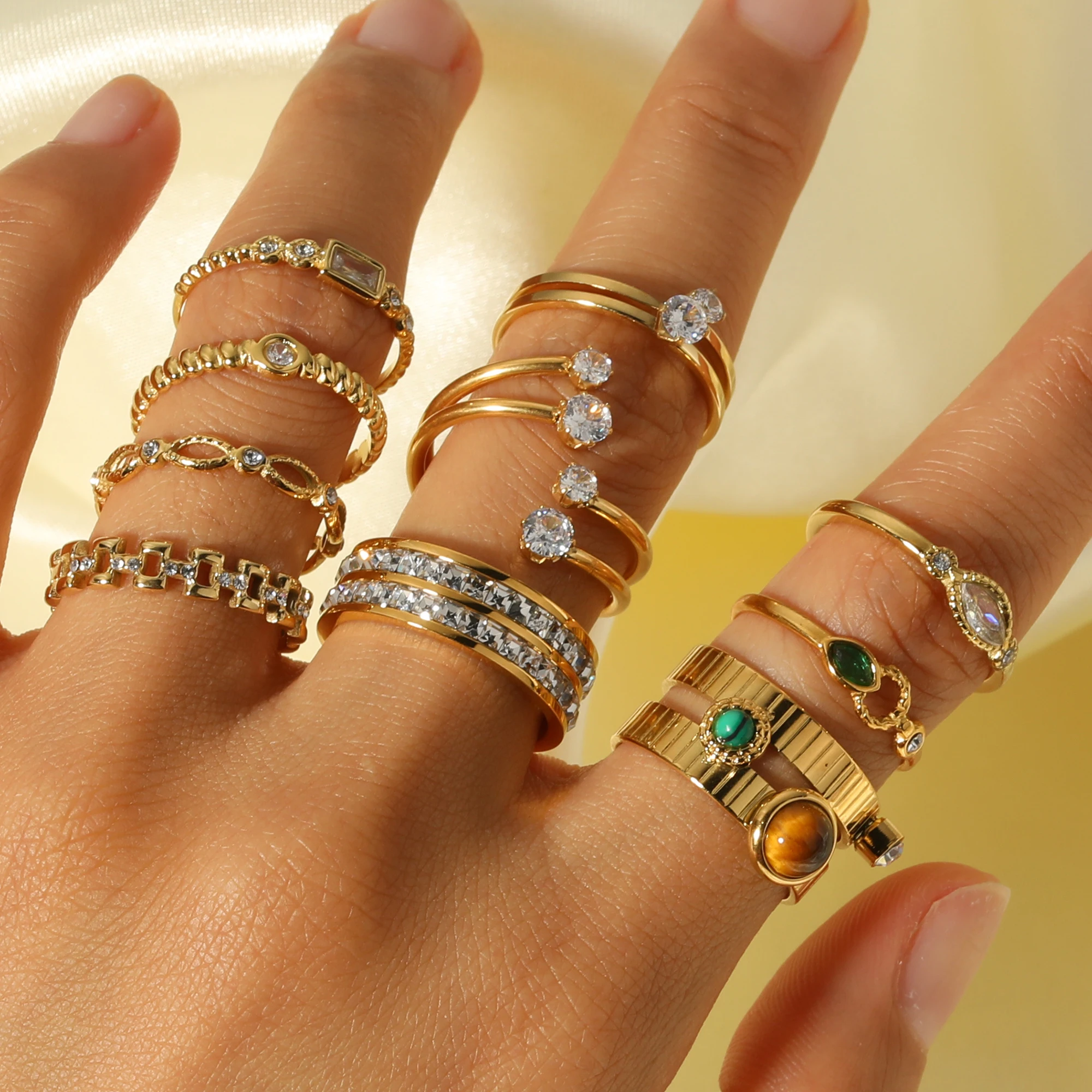 

Hot Selling Stainless Steel 18K Gold Plated Cubic Zircon Natural Stone Diamond Adjustable Open Rings For Women