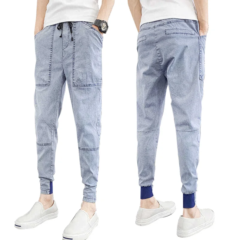 

Men Summer ankle cropped low rise slightly jeans with elastic drawstring waistband. Elastic cuffs.