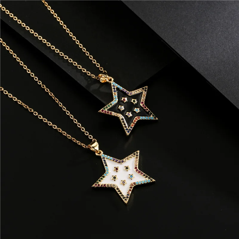 

New Fashion 18K Real Gold Plated Enamel Star Pendant Necklaces Oil Drip Micro CZ Pave Geometric Star Necklaces