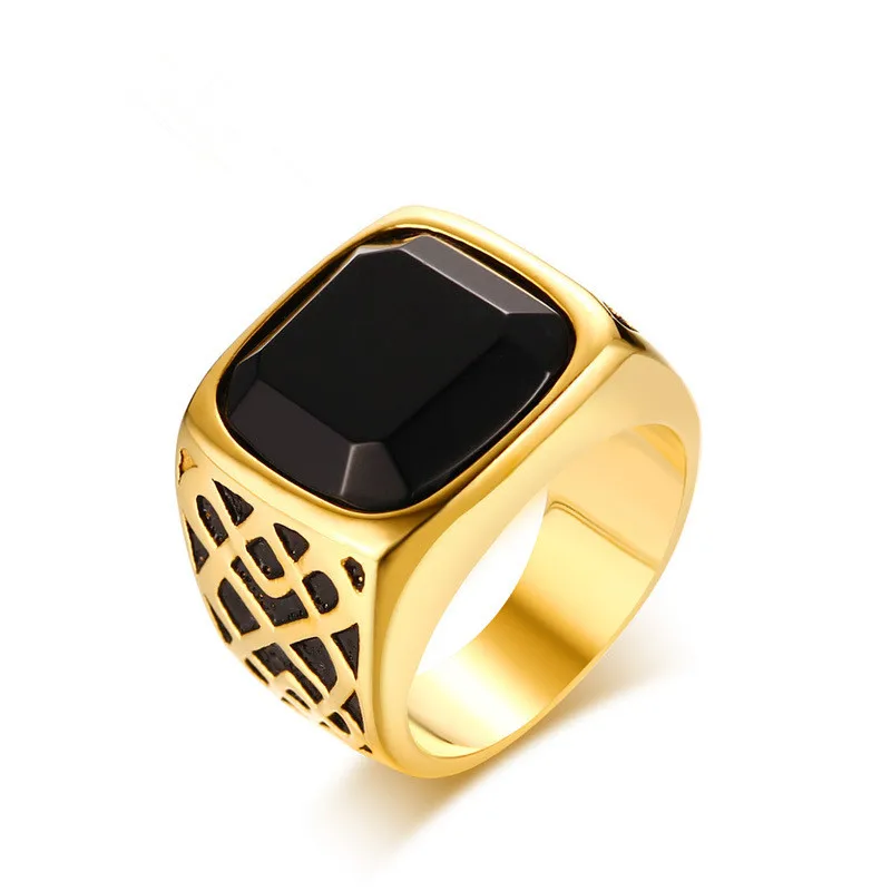 

Stainless steel black agate men's gold ring, Gold/silver