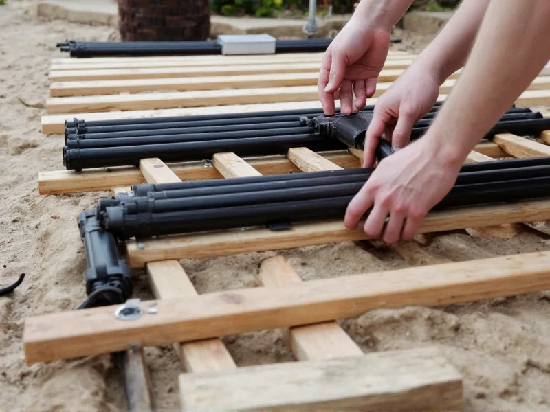 Hands assembling black tubing on wooden frame for solar pool heater