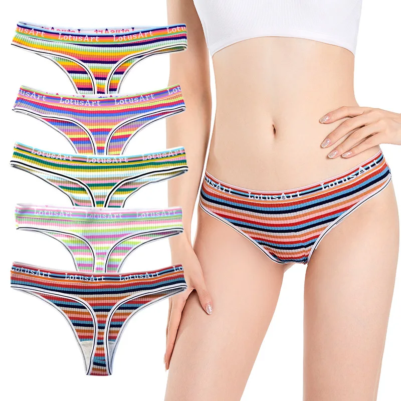 

Wholesales Colorful Rainbow Pure Cotton T Back Summer Sports Yoga Bikini Ladies Panties Ribbed Women Underwear
