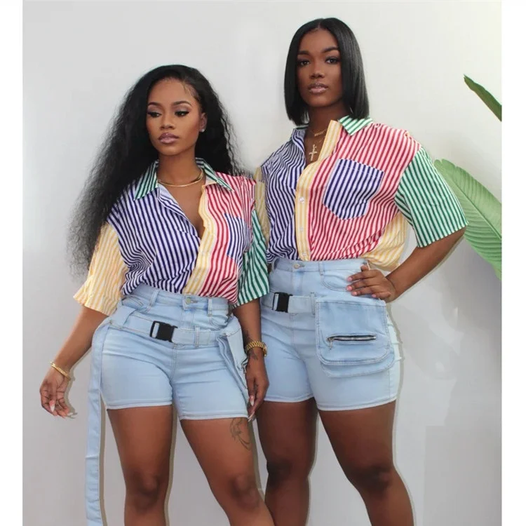 

LF-174 Ladies's Blouses Tops Striped Short Sleeve Summer Tops Woman 2021 Plus Size Fashion Shirt Blouse for Women