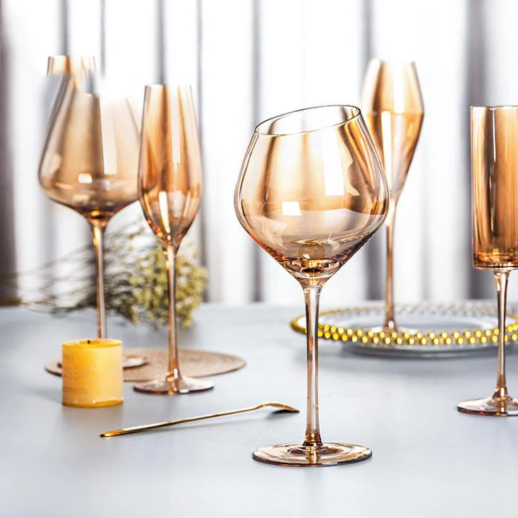 

Nordic wholesale electroplated champagne flutes oem logo colored crystal glassware amber wine glass goblet set, Clear transparent
