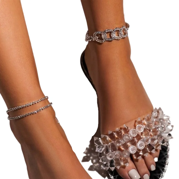 

2021 New Style Summer Flat Bottom Fashionable Diamond Women Sandals Plus Size Slippers For Lady And Girl