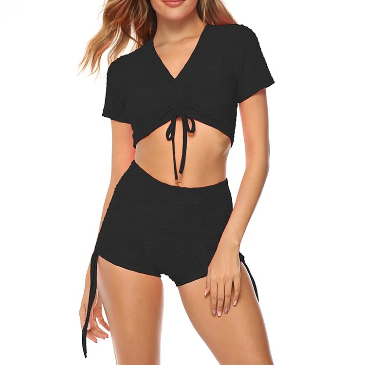 

Yoga Set Casual Women Jacquard Bubble Drawstring Sports Fitness Set In-Stock