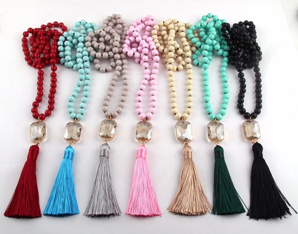 

Women Costume necklace Glass Beads Necklace Rectangle Crystal link Thread Tassel necklace