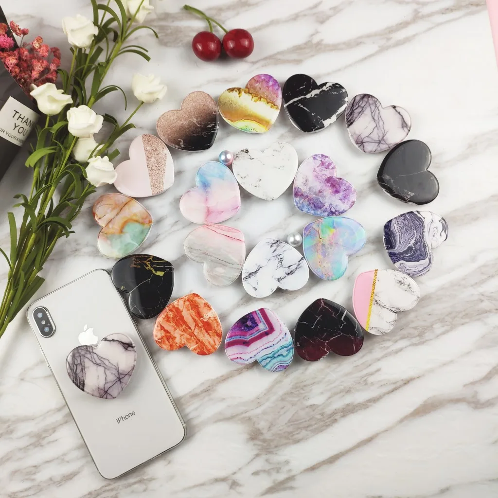 

2020 Epoxy Foil Heart Shape Marble Expand Cell Phone Girp Phone Stand