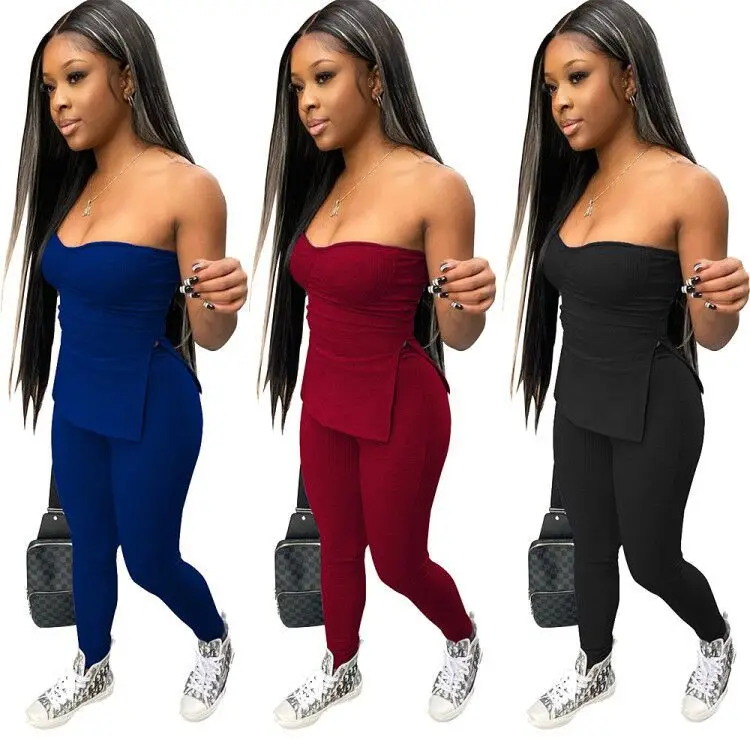 

2022 new arrivals casual two piece tube top set fashion rib knit 2 piece pants sets women