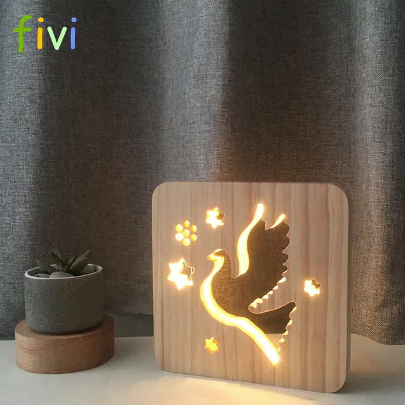 3D Pigeon Night Light USB Charging Solid Wood Material Hollow Carving LED Warm Light Illusion Night Light