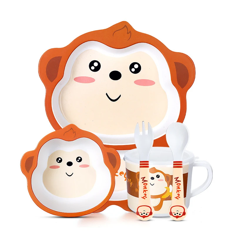 

Hot Selling Custom Print Biodegradable Baby Feeding Dishes 5pcs Set Bamboo Fiber cartoon divided Plate Set, Pantone