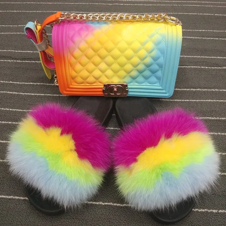 

fur slides slippers fox fur slippers fur slide and purse set, Customized color