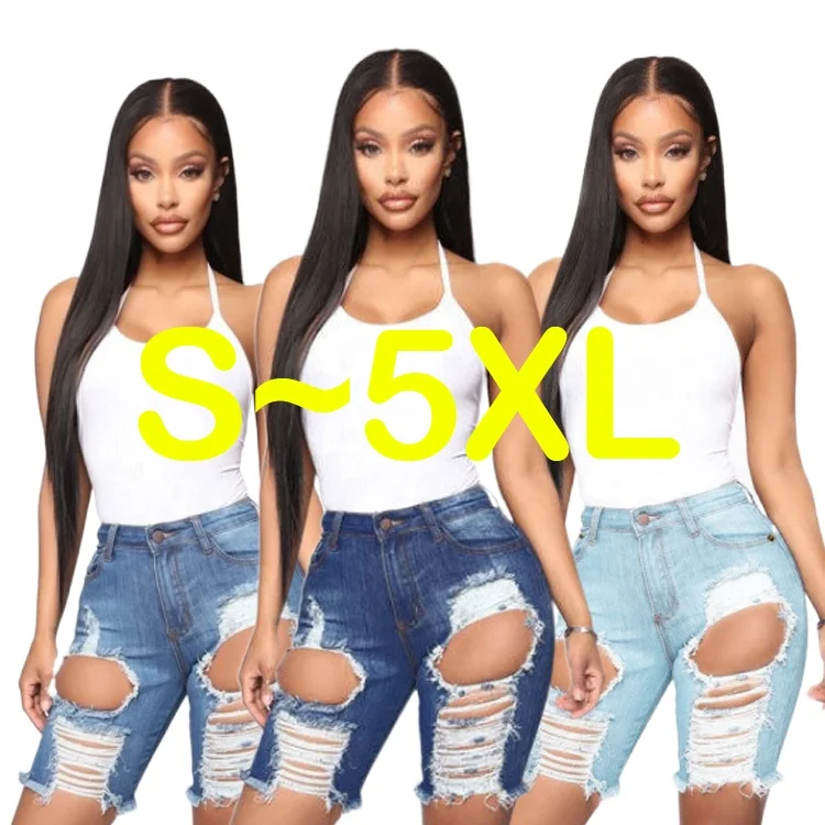 

High Waist Spandex Quality Wholesale Ladies Strech Female Feminino Sexy Distressed Blue Shorts Denim En Jeans Pants For Woman