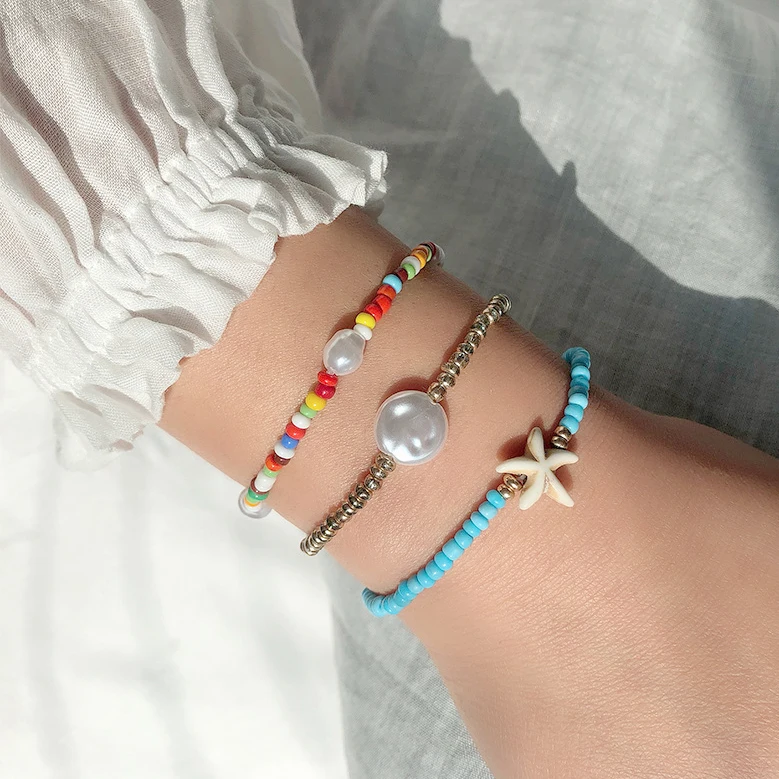 

New Handmade Beach Beads Three Sets Pearl Starfish Bracelets Chain Anklets Jewelry