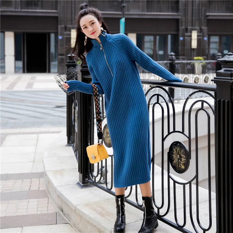 

High quality winter warm ladies streetwear jumper half zip knitwear long sweater dress women ribbed knit maxi sweater dresses