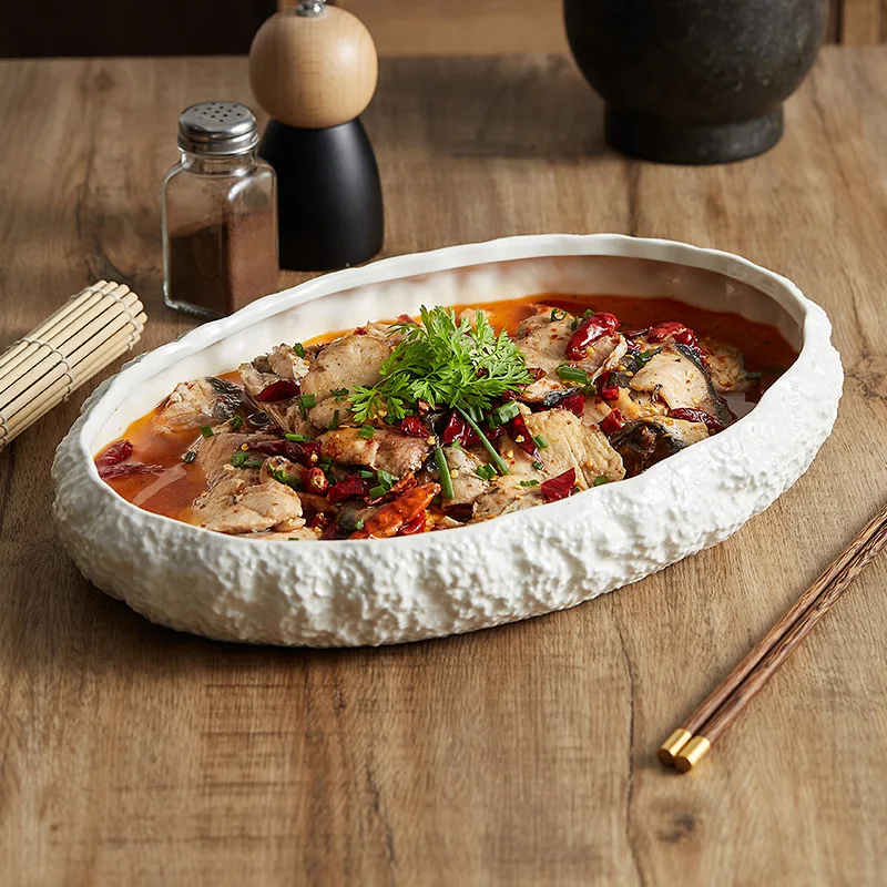 Large Deep Rock Pattern Ceramic Plate for Steamed Fish Light Luxury Household and Hotel/Club Use for Lobster Sashimi Seafood