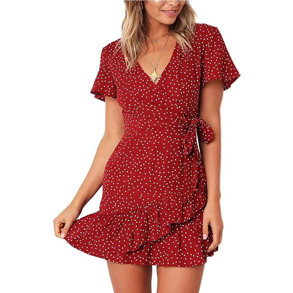 

Cheap Price Women's Summer Wrap V Neck Polka Dot Print Ruffle Short Sleeve Mini Floral Dress Drop Shipping, Various color for choose