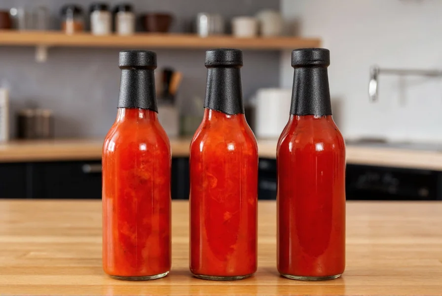 Three different bottles of red chili sauce varieties displayed on wooden kitchen counter