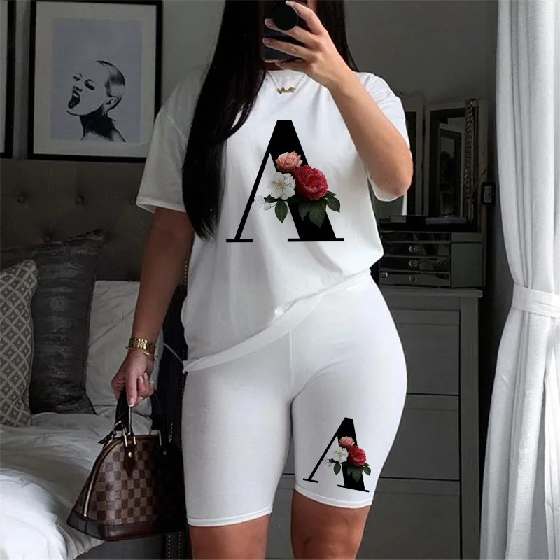 

Summer Women Letter Printing Sweatsuit Biker Shorts T Shirt Set Female Cotton Casual Outfits Two Piece Short Set, Pictures showed