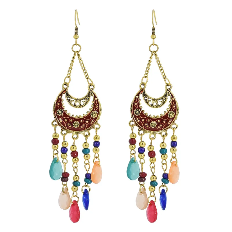 

Bohemian Vintage Personality Beaded Tassel Exaggerated Crystal Teardrop Earrings For Women Girls Party Jewelry, White,black,blue,red,colorful