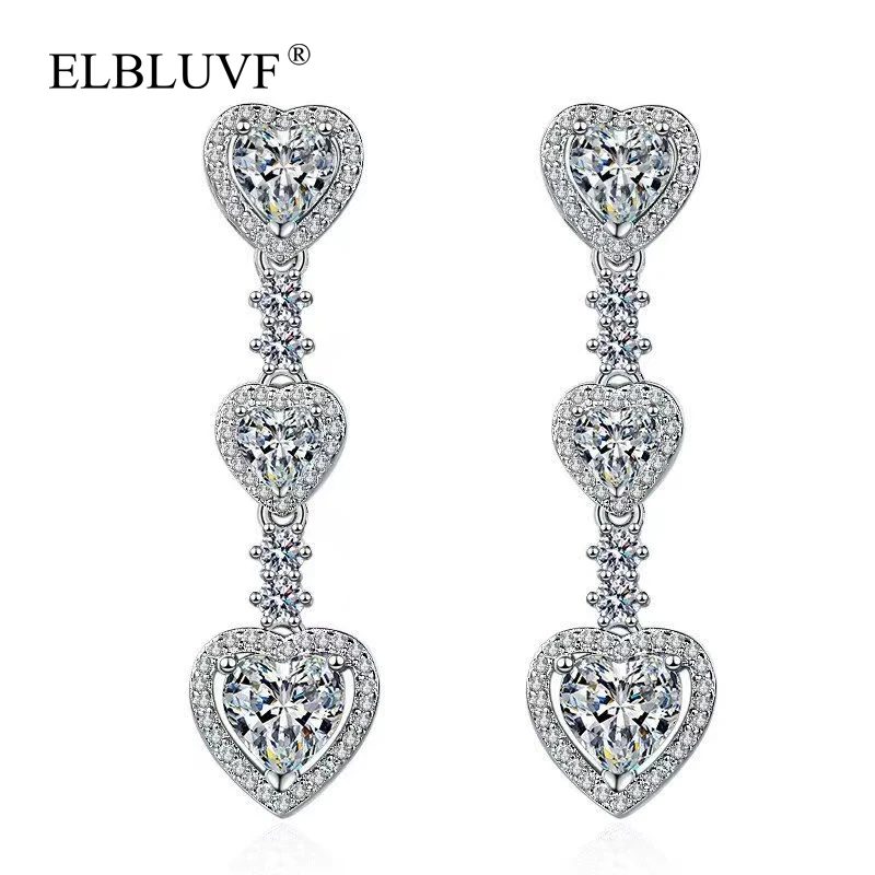 

ELBLUVF Free Shipping Copper 925 Sterling Silver Plated Zircon Korean Love Heart Dangle Earrings For Women, White gold