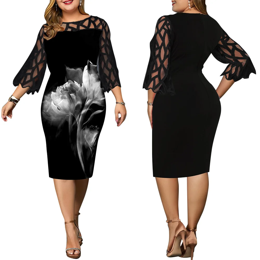 

2021 fall hot digital printing lace stitching three-quarter sleeve dress plus size women's clothing