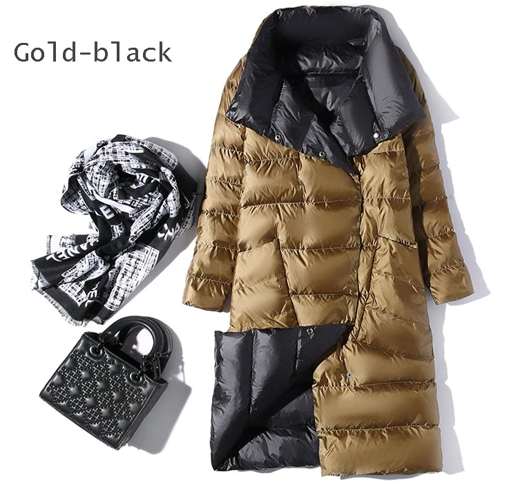 

2020 Women Double Sided Down Long Jacket Winter Turtleneck White Duck Down Coat Double Breasted Warm Parkas Snow Outwear