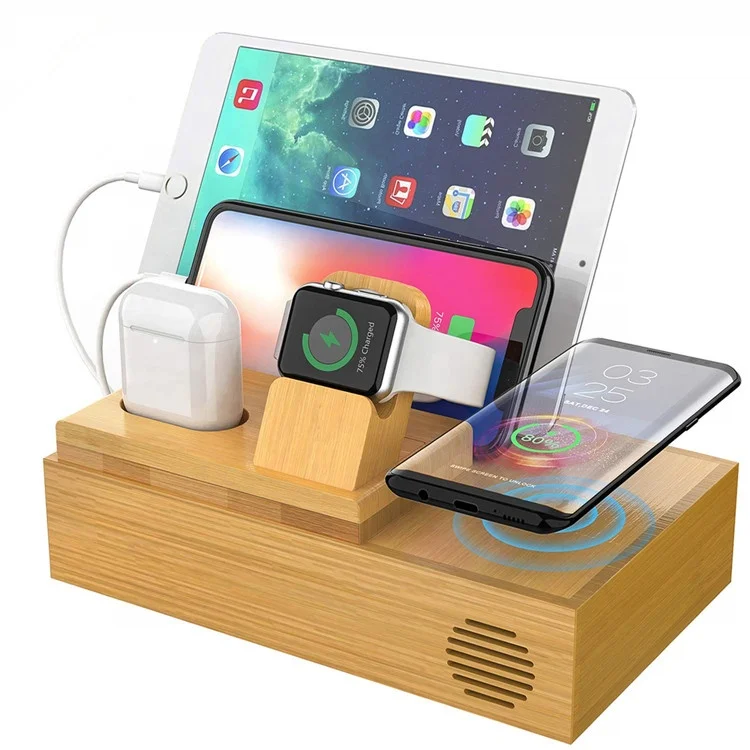 

Wood Multi Device Bamboo docking Organizer for Using with Multiple USB Charging Station for Smartphones and Tablets