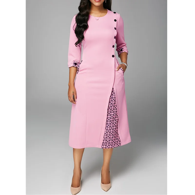 Button 3/4 Sleeve Plus Size Print Pocket Irregular Lady Casual Dresses