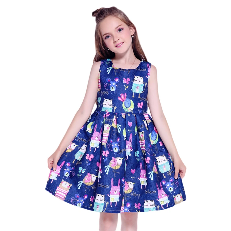 

Kseniya Kids girl summer dress design 2019 sleeveless cartoon pattern breathable for causal daily life, Blue