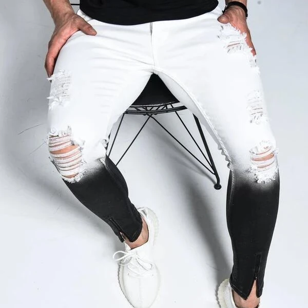 

Custom Fashion Male Denim Trousers Faldas Gradient Ripped Pantalon Homme Slim Fit White Men High Waist Jean