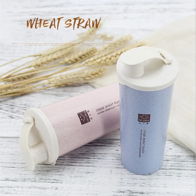 

OEM Reusable Wheat Straw Water Bottle Eco-friendly Double Wall Water Cups 450ml Biodegradable Coffee Drinking Mugs With Lid