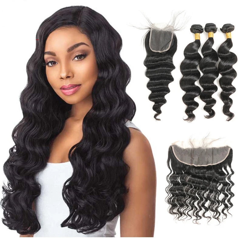 

8A Brazilian Wig Body Wave Hair Bundles with Closure Bundles Human Hair Long Virgin Hair Wigs with Front Lace, Black