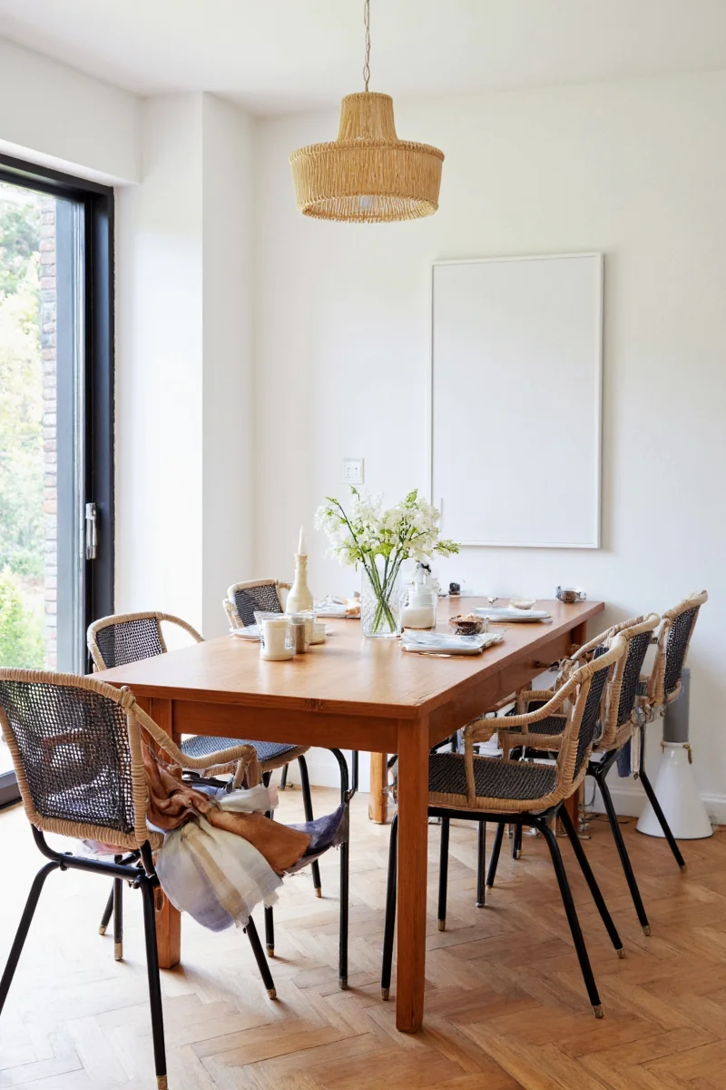 Bistro area with rattan lamps and wooden decor