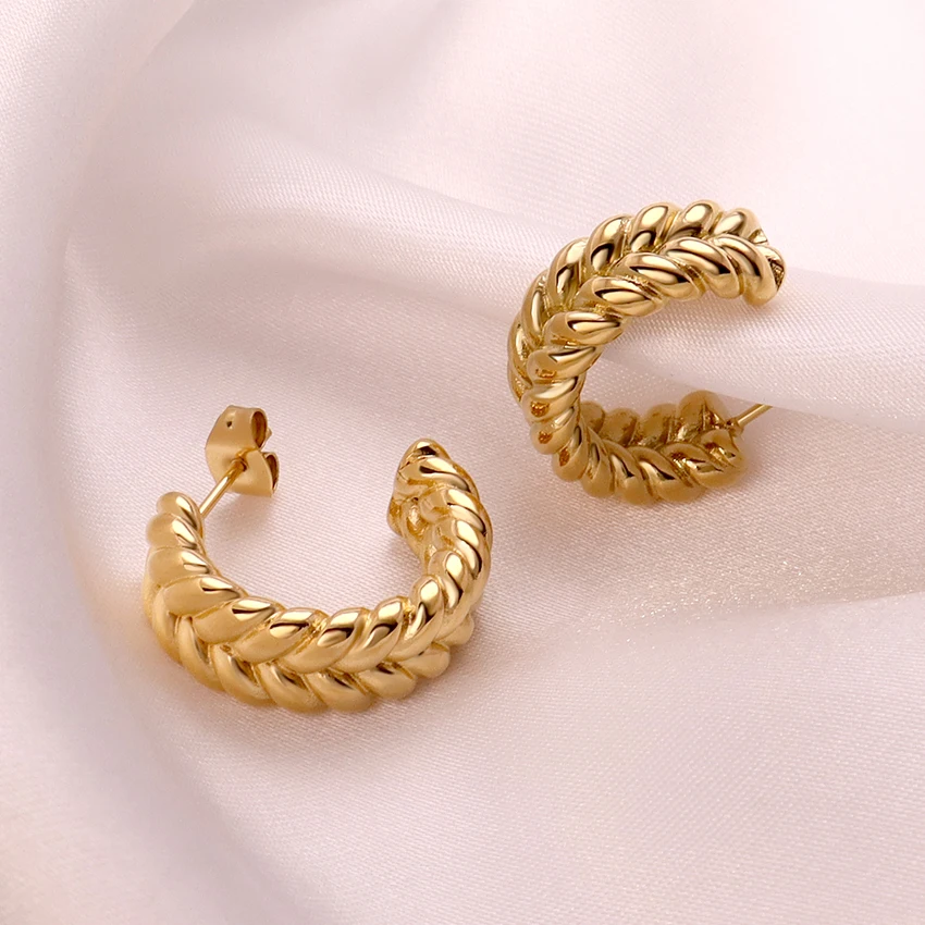 

New Fashion CC Shaped Stud Earrings Jewelry Stainless Steel 18K Gold Plated Hypoallergenic Double Layer Twisted Hoop Earrings