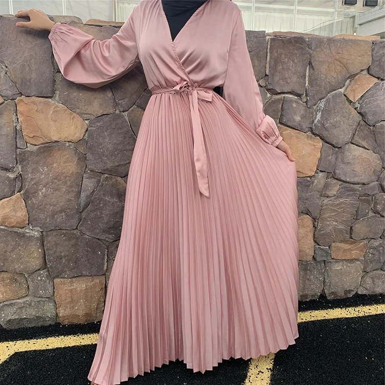 

Fashion Satin Plain Color Simple Design Islamic Clothing Muslim Evening Maxi Casual Pleated Women Dresses Dubai Abaya, 6 colors in stock accepted customzied design