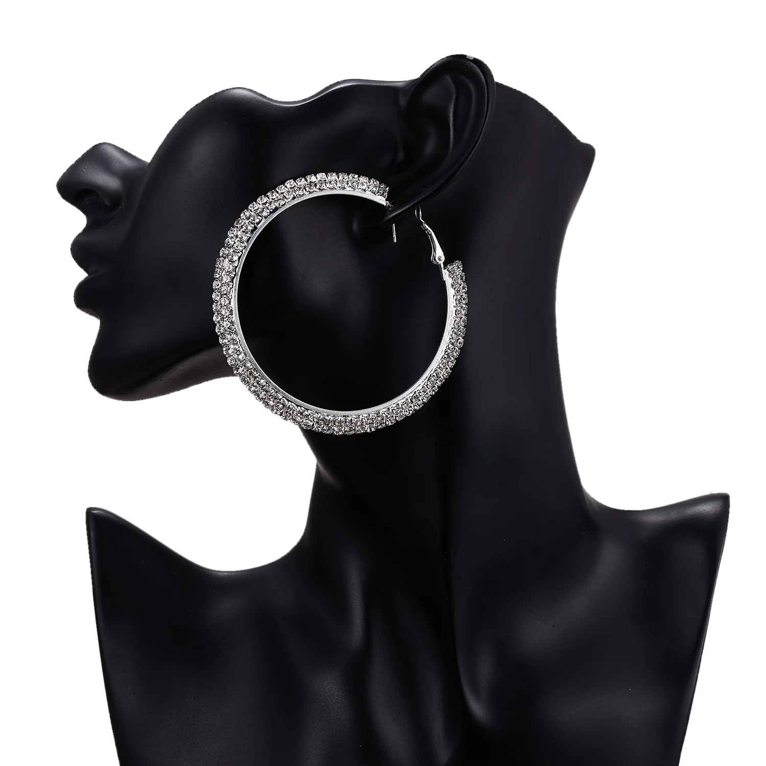 

2020 wholesale Luxury best selling Silver Big Circle Shiny Double row Crystal Rhinestone Hoop Earrings for ladies