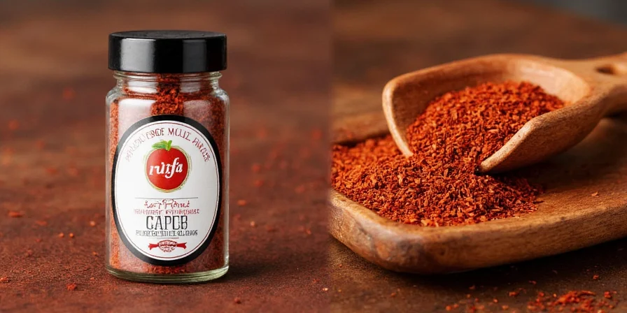 Close-up shot of Urfa chili flakes on a wooden board