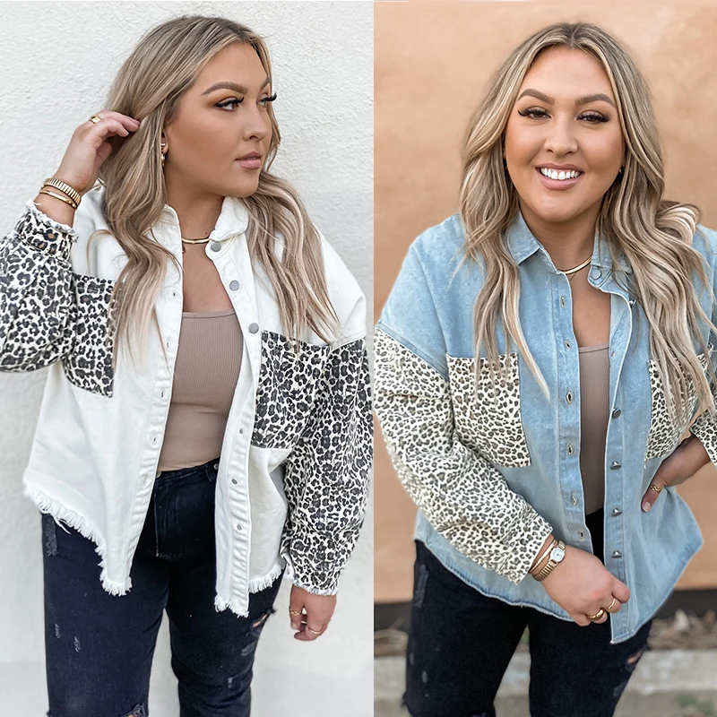 

High Quality 2021 Fall Winter Leopard Long Sleeve Pocket Women Plus Size Crop Denim Jackets, As the pic