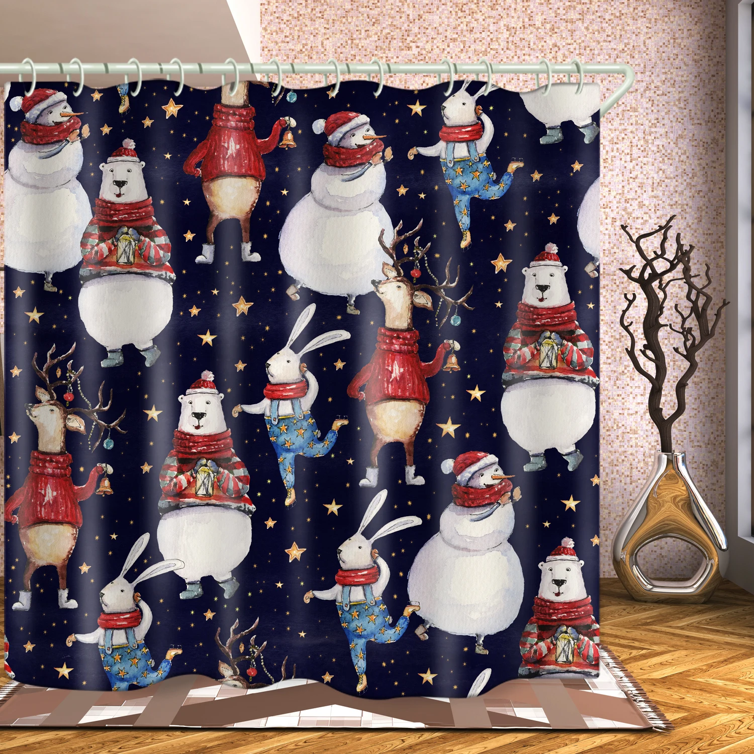 

Christmas animal series theme bathroom decoration waterproof shower curtain anti-peeping curtain custom printed shower curtain, Picture