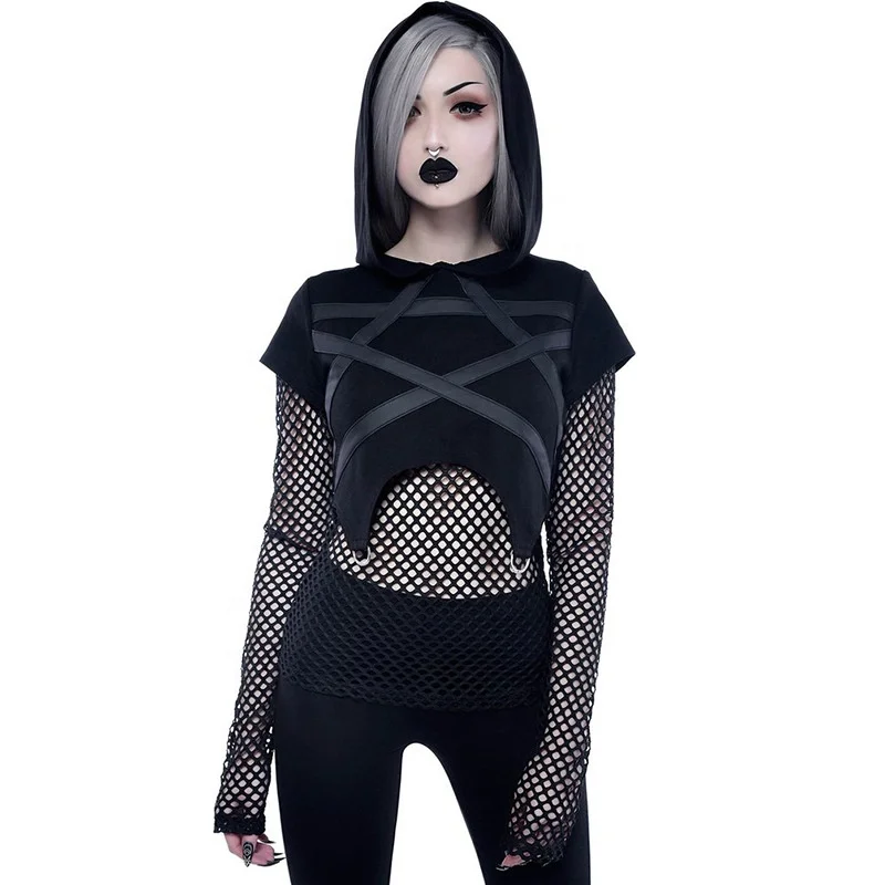 

B23781A Dark Black Series Witch's Halloween blouse woman Mesh splicing hooded hoodie