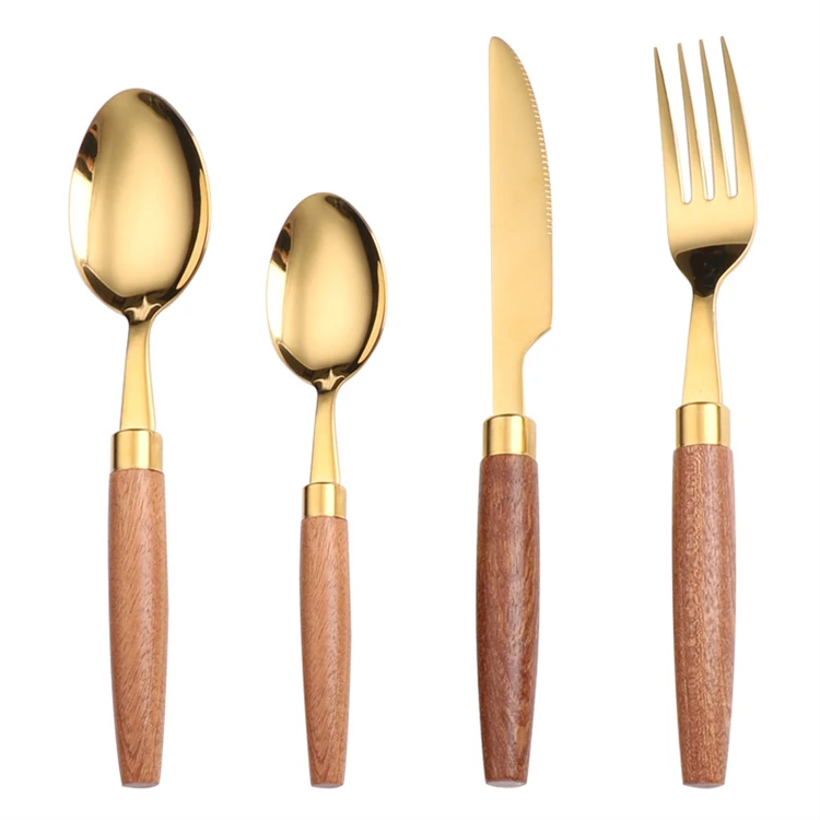 

Beech Wooden Handle Flatware Stainless Steel Fork Spoon Knife Metal Cutlery Sets, Silver/gold